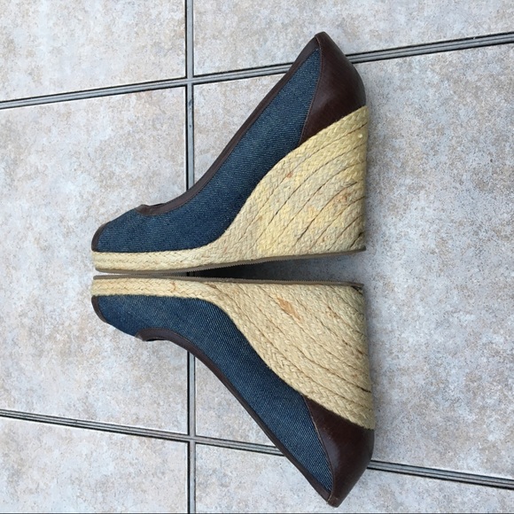 Fendi peep toe denim trim wedge espadrilles 37.5 - Picture 9 of 15